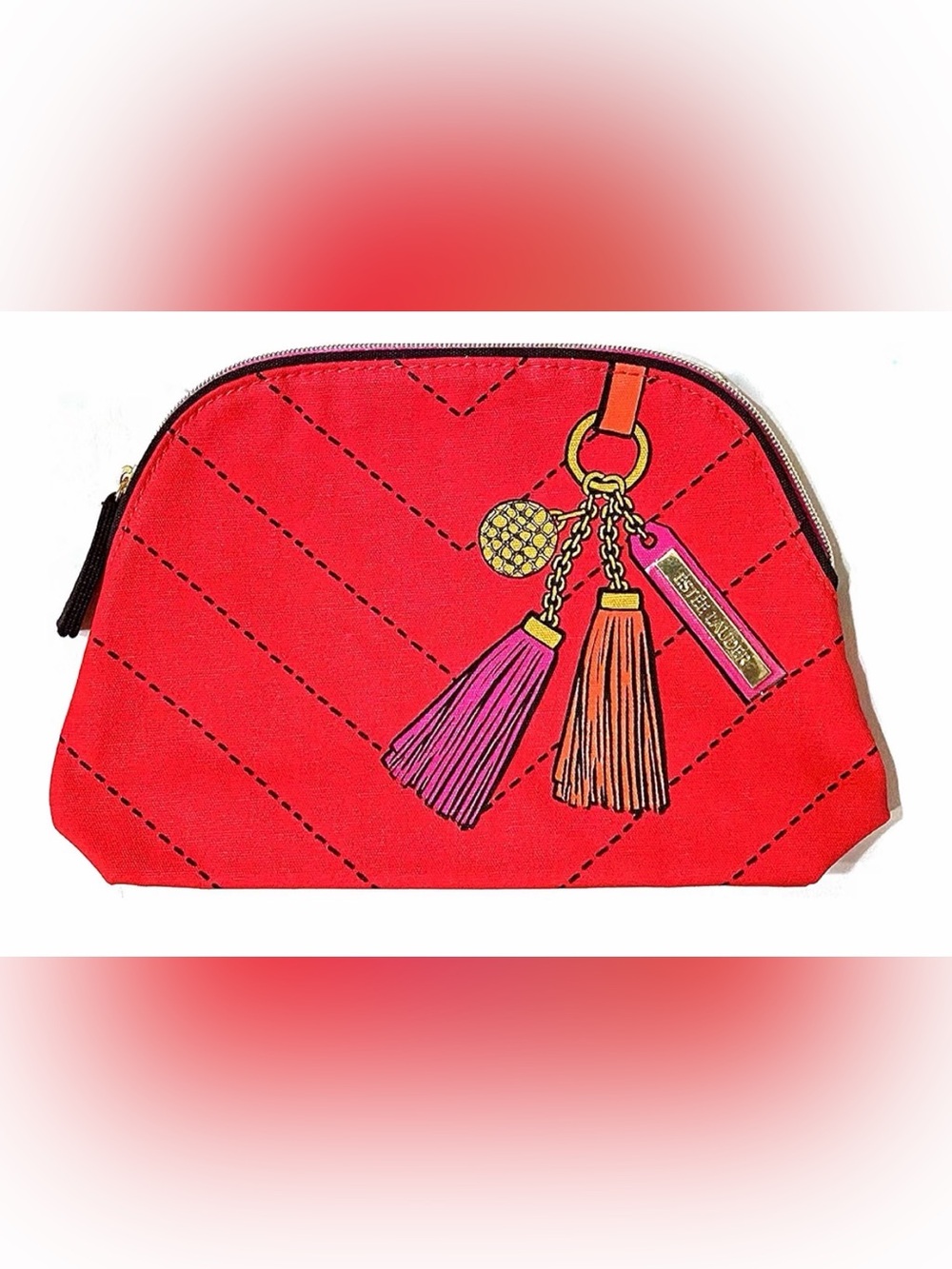 Estee Lauder Red Cosmetic/Travel Bag with Tassel Print & Gold Name Plate !! New